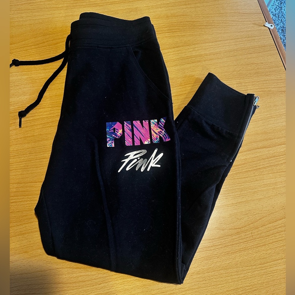 PINK Victoria's Secret Black Joggers with Multicolor Logo